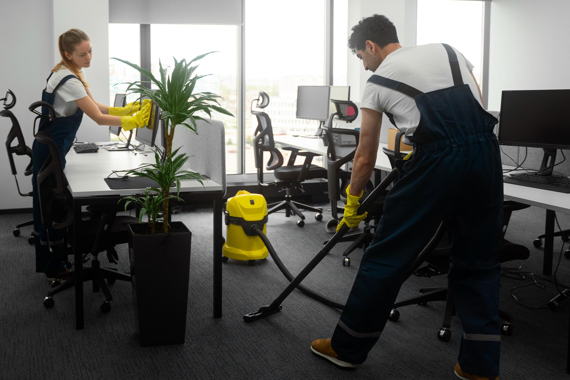 Team cleaning an office